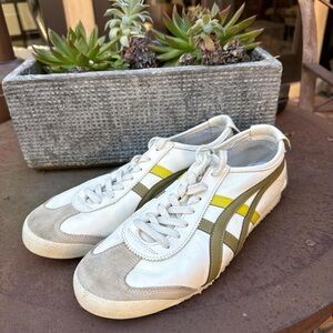 Onitsuka Tiger by Asics White and Olive Sneakers with Yellow Stripes